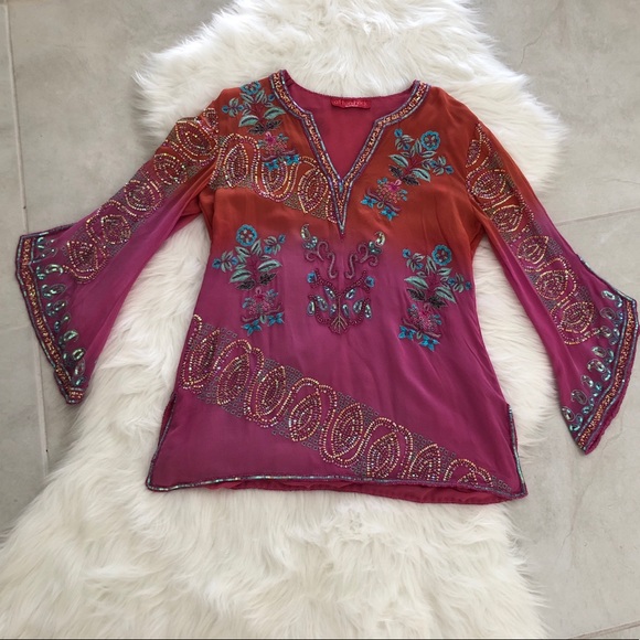 Bell-Sleeve Silk Beaded Blouse, size M - Picture 2 of 8